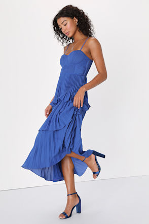 cascading crush cobalt blue tiered bustier midi dress Lightweight pleated woven fabric