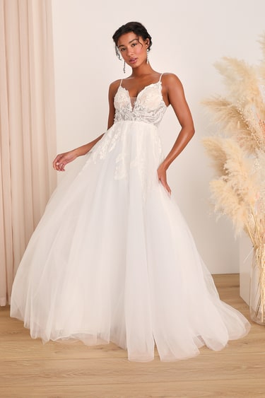 Fantasize About Forever White Tulle Lace A-Line Maxi Dress - Bridal