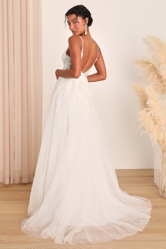 Fantasize About Forever White Tulle Lace A-Line Maxi Dress 4