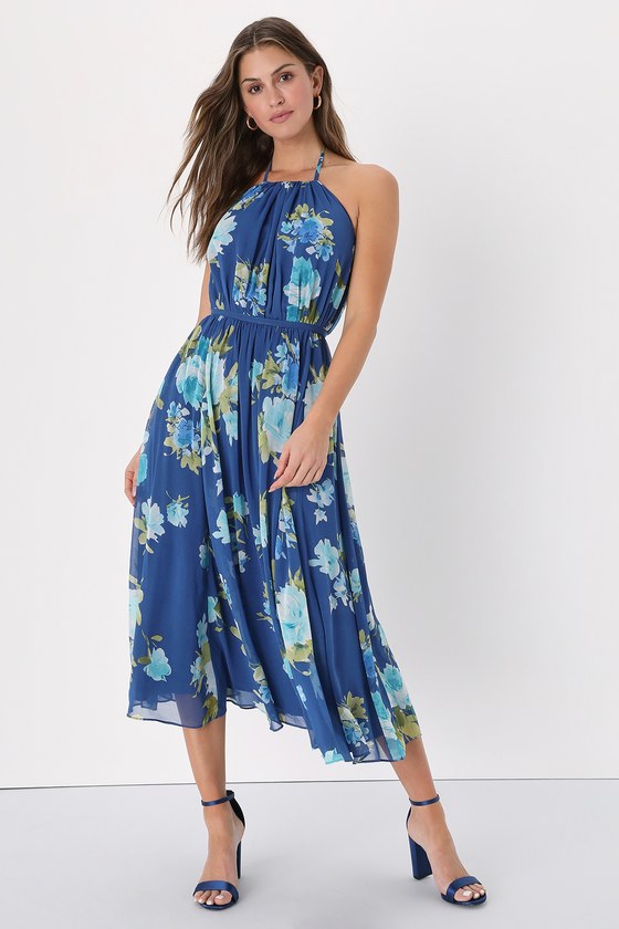 Lulus Unbelievable Blossom Blue Floral Print Halter Midi Dress