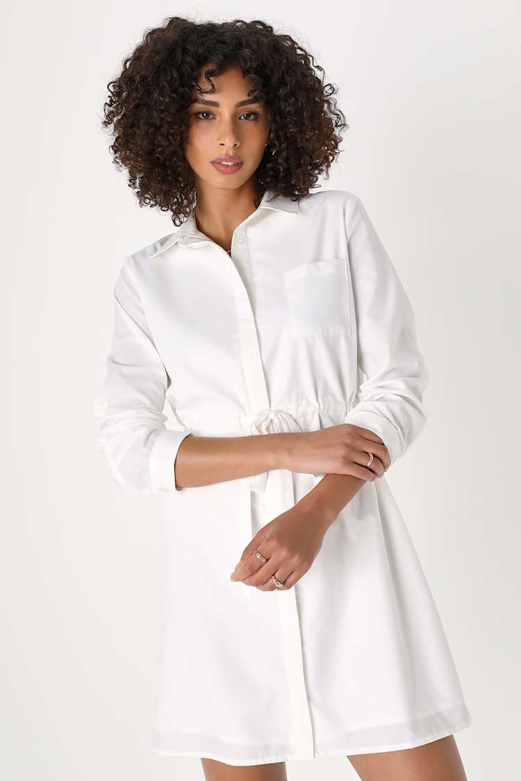 knee length dresses for ladies Anais Long Sleeve Silk Shirt Dress, White M/L main image 1