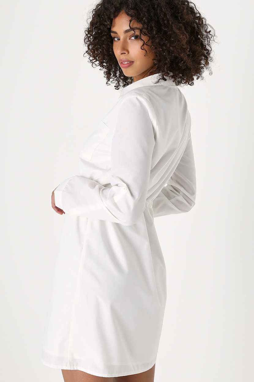 slim fit dress slacks White Tailored Waist Long Sleeve Shirt Dress