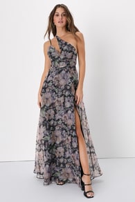Garden of Glamour Black Floral One-Shoulder Maxi Dress