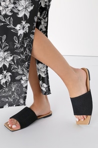 Beckee Black Ribbed Knit Square Toe Slide Sandals