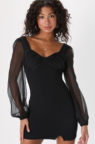 Sultry Mystique Black Pleated Long Sleeve Bodycon Mini Dress