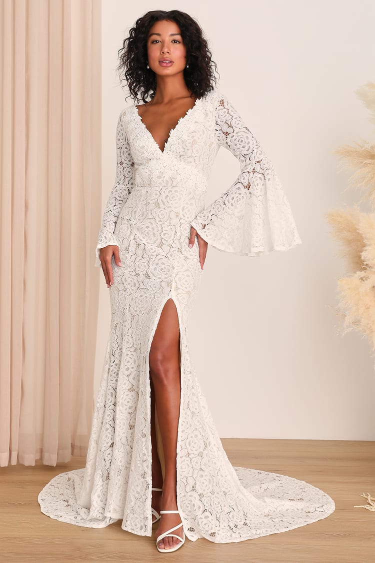 Large Floral Lace Long Sleeve Wedding Dress