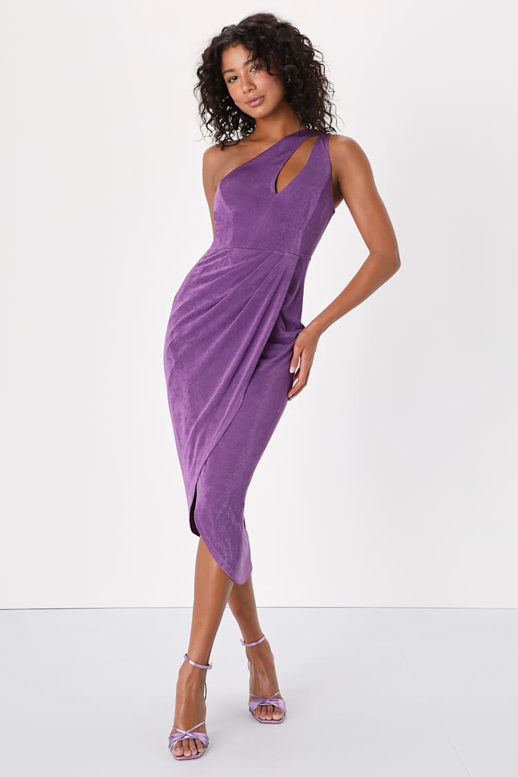knee length dresses for ladies Victory Lilac One Shoulder Midi Dress With Feather Trim – Club L London