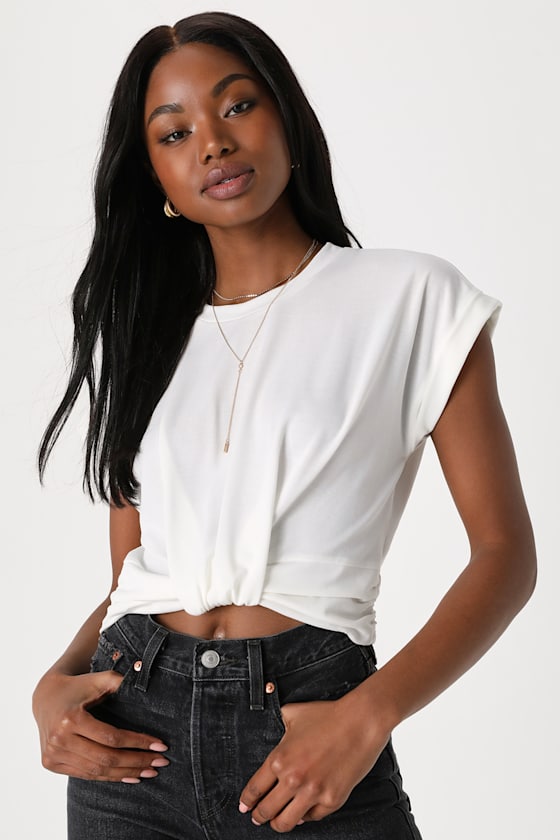 Simplest Style White Knot-Front Short Sleeve Crop Top 1