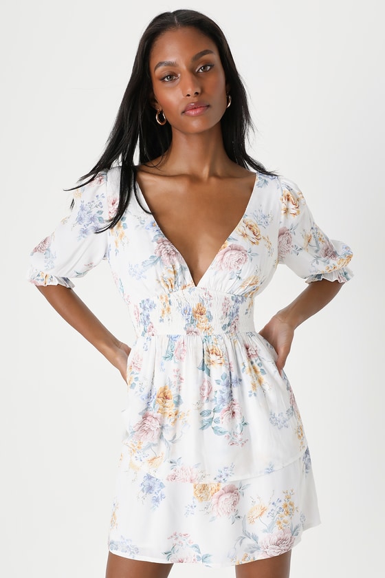 White Floral Print Dress - Tiered Mini Dress - Puff Sleeve Dress - Lulus