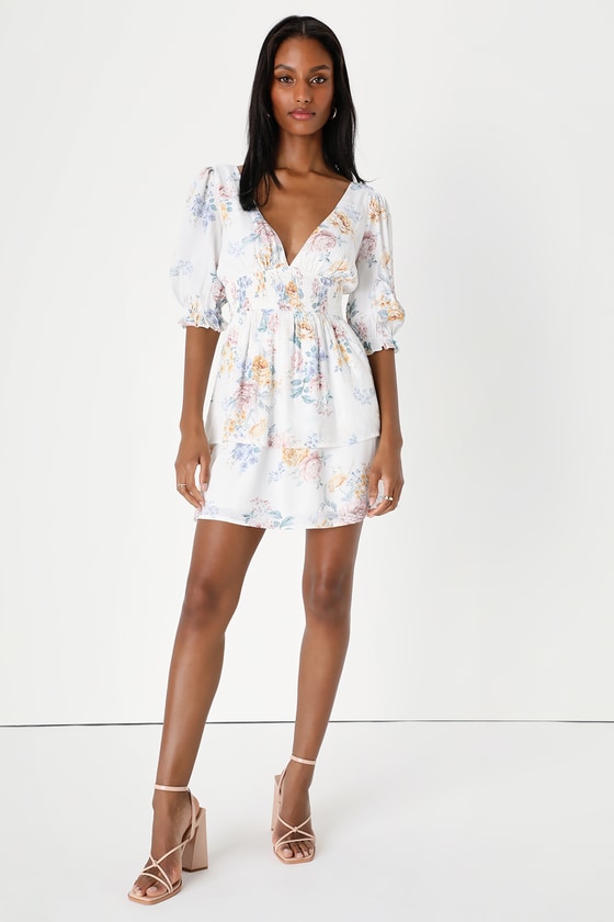 White Floral Print Dress - Tiered Mini Dress - Puff Sleeve Dress - Lulus