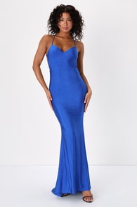 Flirtatious Glamour Royal Blue Rhinestone Backless Maxi Dress