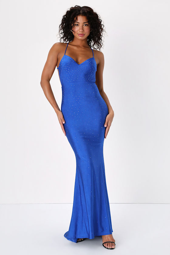 Flirtatious Glamour Royal Blue Rhinestone Backless Maxi Dress 1