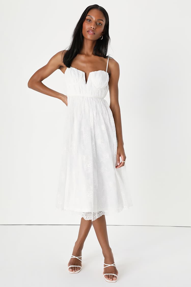 White Lace Midi Dress - Skater Midi Dress - Bustier Midi Dress - Lulus