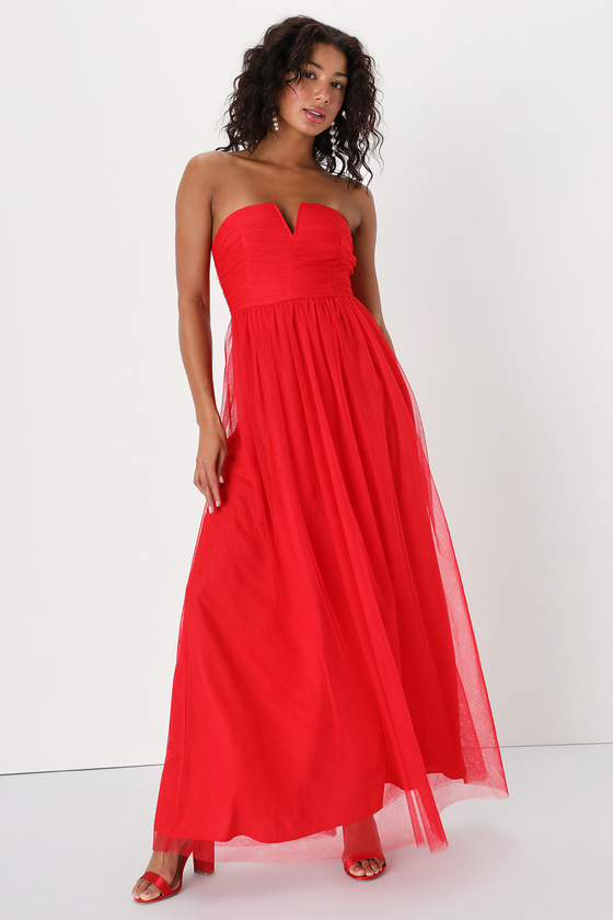 Red Tulle Maxi Dress - Ruched Dress - Strapless Poofy Maxi Dress - Lulus