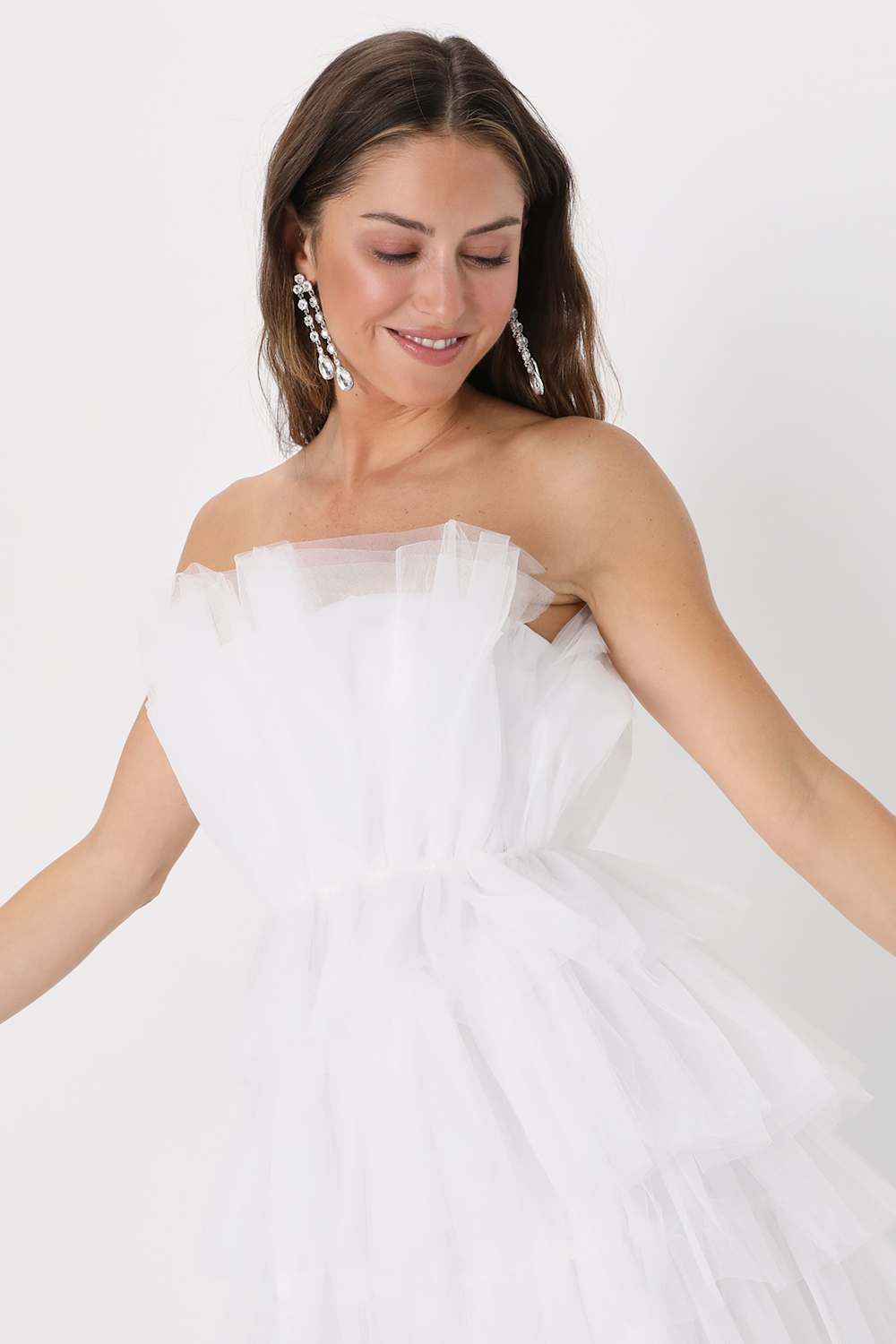 Tulle Intentions White Strapless Tiered Tulle Mini Dress
