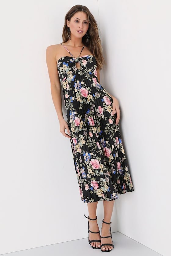 Radiant Drama Black Floral Print Pleated Halter Mid Dress 2