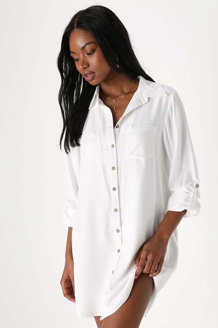 Sonoma Sweetie White Button-Up Long Sleeve Mini Shirt Dress Sonoma Sweetie White Button-Up Long Sleeve Mini Shirt Dress