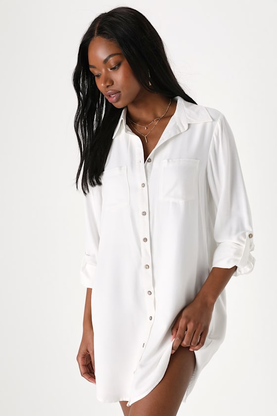 Sonoma Sweetie White Button-Up Long Sleeve Mini Shirt Dress 1