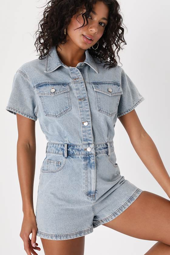Festival Feelin' Light Wash Short Sleeve Denim Romper - thumbnail 4