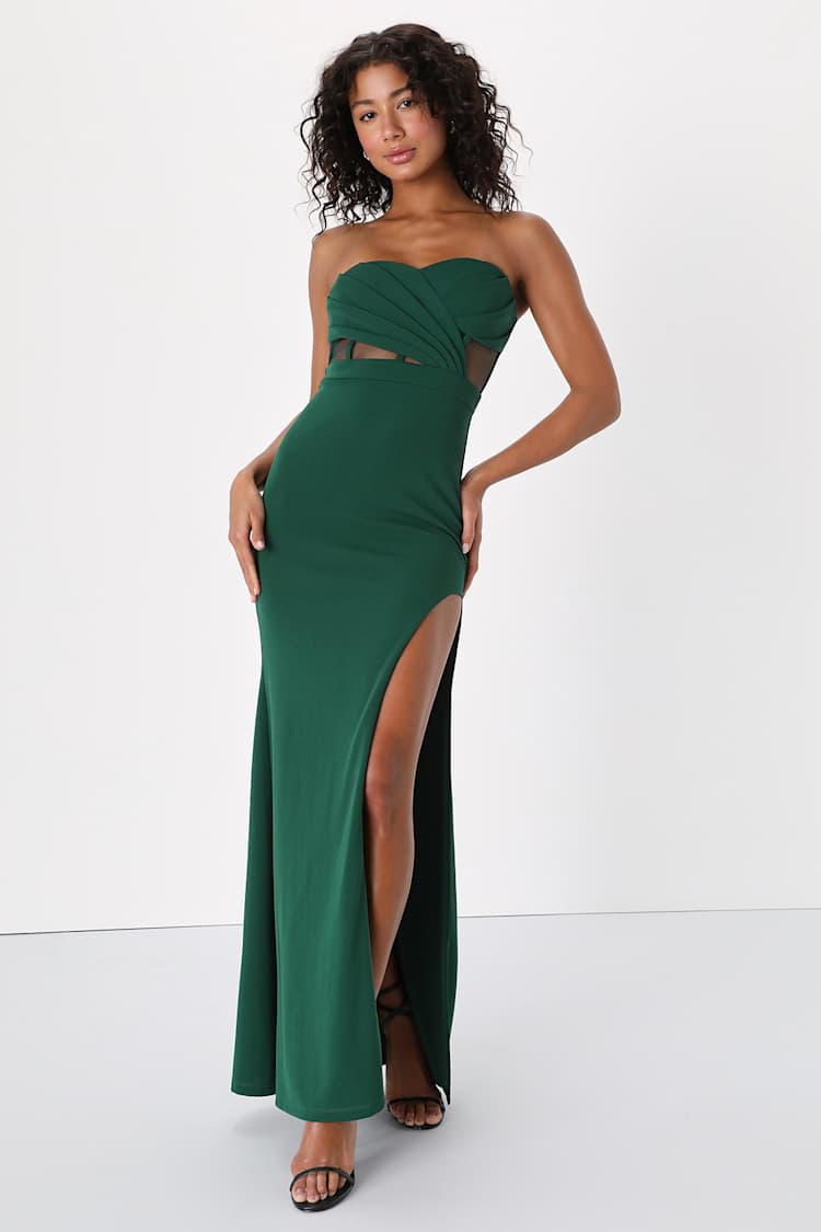 Green Pleated Maxi Dress - Strapless Mesh Dress - Bustier Maxi - Lulus