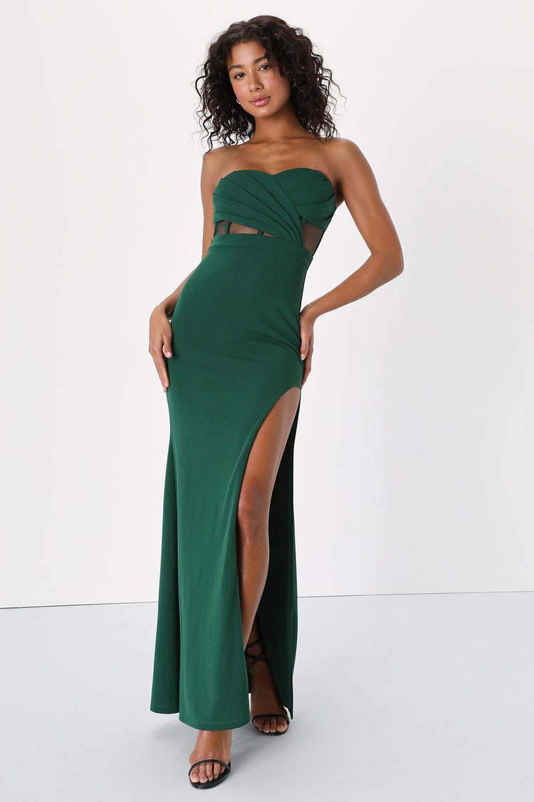 Green Pleated Maxi Dress - Strapless Mesh Dress - Bustier Maxi - Lulus