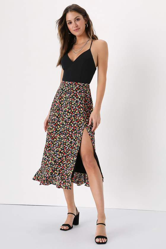 Lulus City Sweetie Black Floral Print Ruffled Midi Skirt