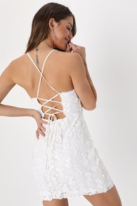 Love to Celebrate White Sequin Lace-Up Mini Bodycon Dress