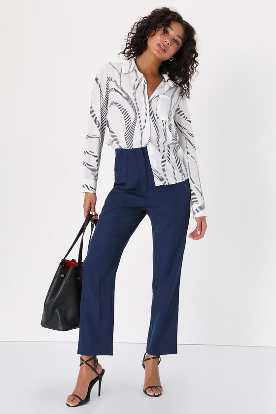 Lulus Build Your Dreams Navy Blue Straight Leg Trouser Pants