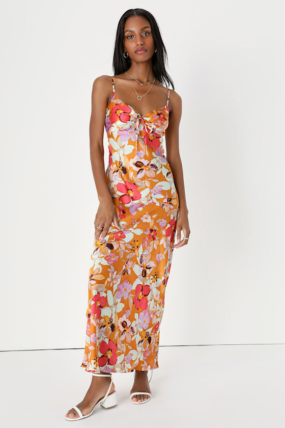 Tropically Inclined Rust Orange Floral Satin Slip Maxi Dress 1