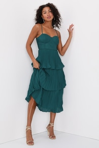 Cascading Crush Emerald Green Tiered Bustier Midi Dress