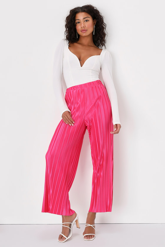 Lulus Tropical Temperatures Hot Pink Satin Plisse Wide-leg Pants
