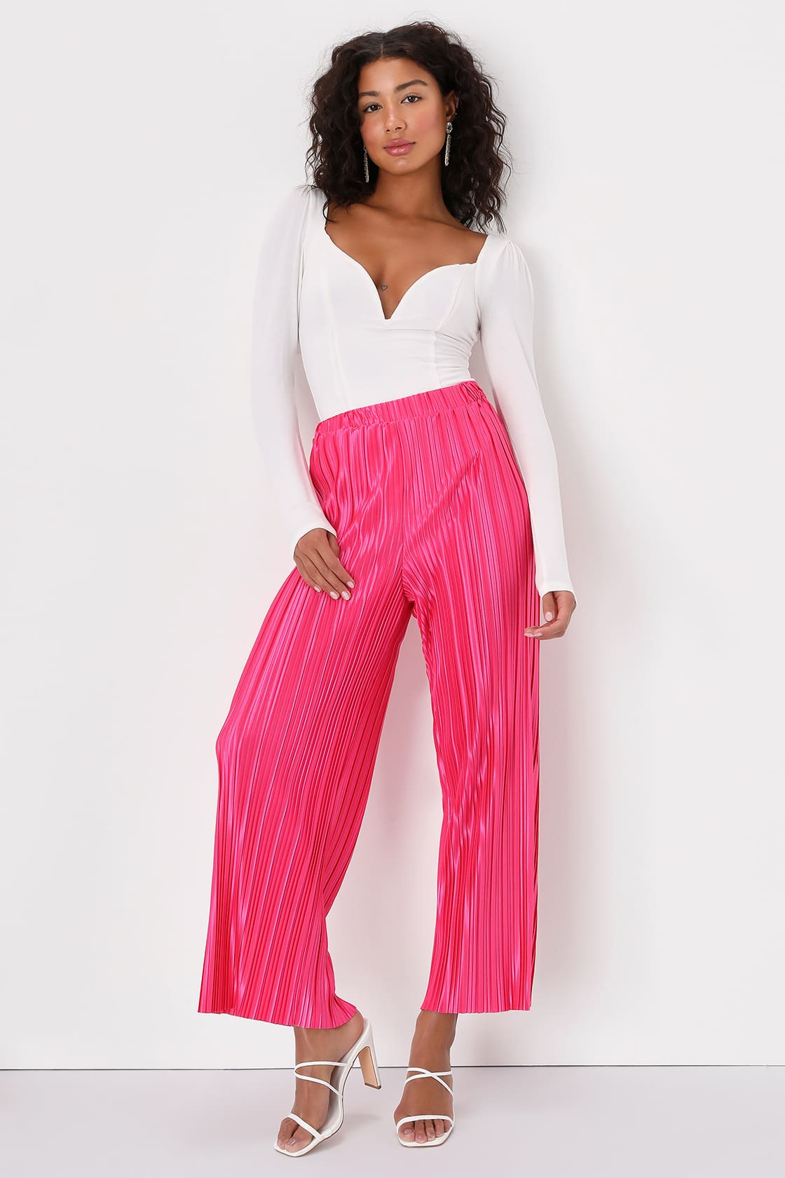 Hot Pink Pants Plisse Pleated Pants Satin WideLeg Pants Lulus