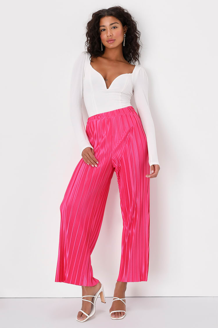 Hot Pink Pants - Plisse Pleated Pants - Satin Wide-Leg Pants - Lulus