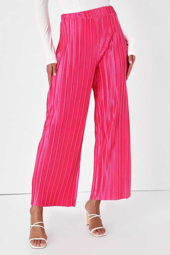 Hot Pink Pants - Plisse Pleated Pants - Satin Wide-Leg Pants