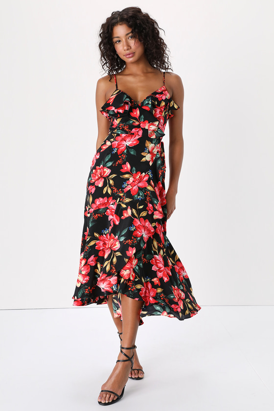 Black Floral Print Dress - Midi Wrap Dress - Ruffled Wrap Dress - Lulus
