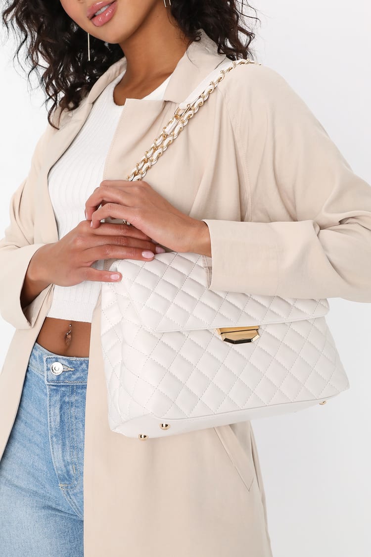 White Quilted Leather-Look Chain Strap Cross Body Bag