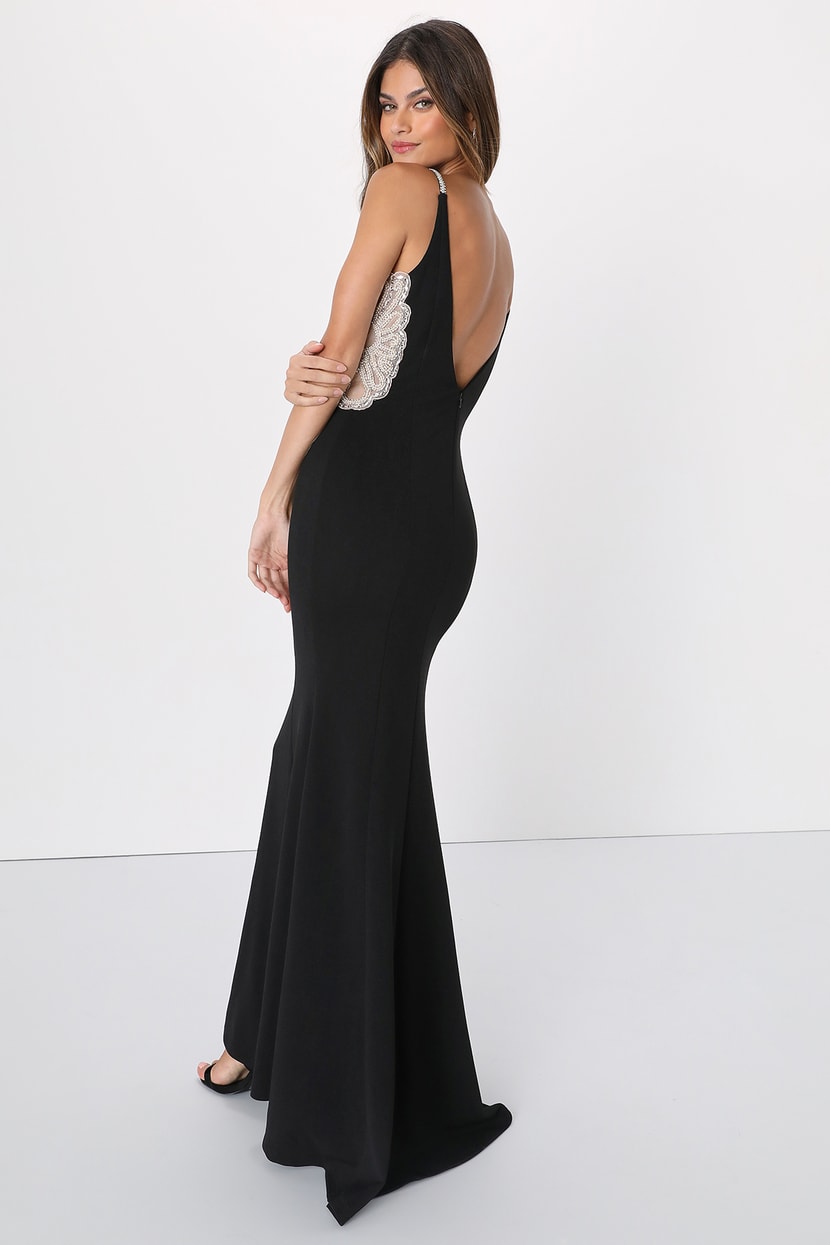 Lulus | Stunned by You Black Rhinestone Mermaid Maxi Dress | Size X-Large | 100% Polyester