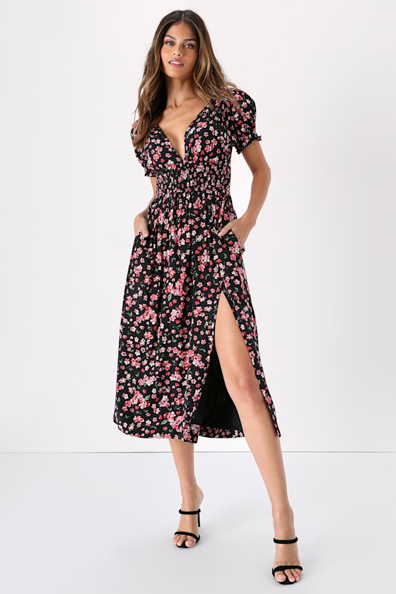 Ready to Blossom Black Floral Backless Midi Dress With Pockets 1