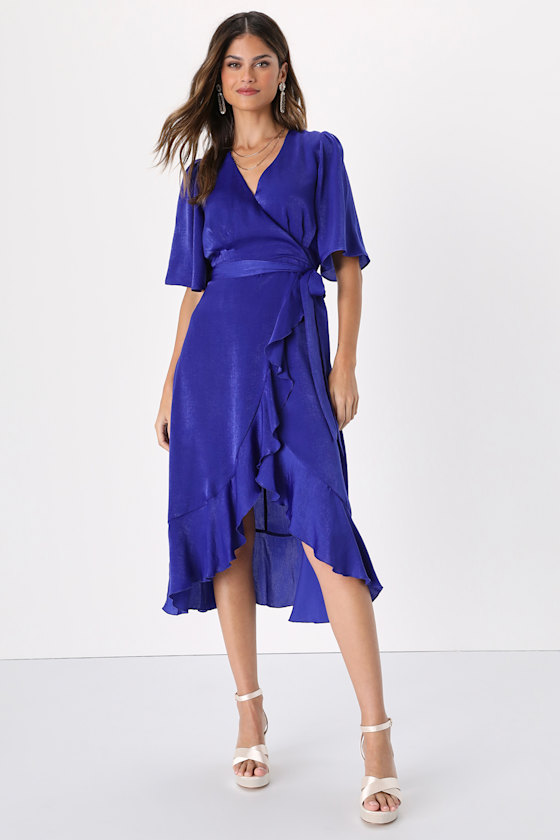 Wrapped in Love Cobalt Blue Satin Faux-Wrap Midi Dress 1