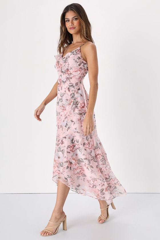 Blush Pink Floral Print Dress - High-Low Dress - Ruffled Dress - Lulus