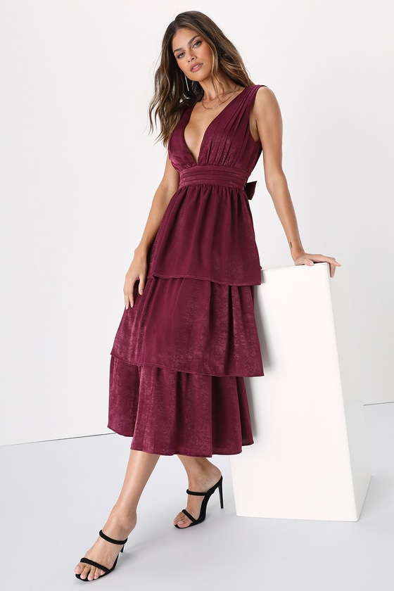 Plum Purple Dress - Satin Midi Dress - Tie-Back Tiered Dress - Lulus