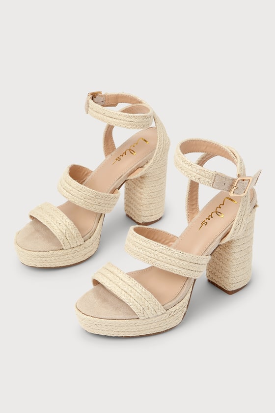 Lulus Morrin Natural Raffia Platform Ankle Strap High Heel Sandal Heels In Beige