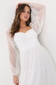 Affectionate Aura White Swiss Dot Tiered Bustier Midi Dress