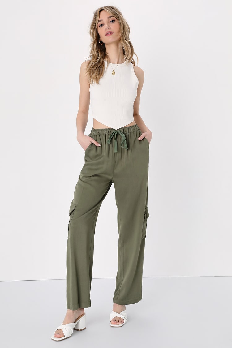 Olive Green Cargo Pants - Straight Leg Pants - Drawstring Pants