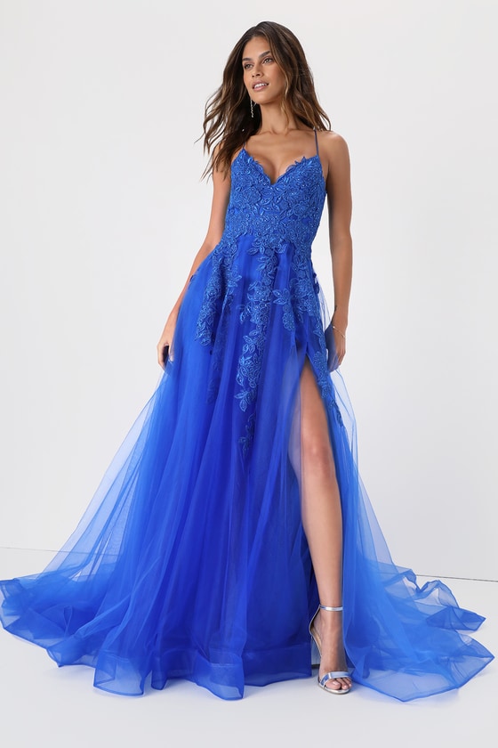 Everlasting Enchantment Royal Blue Embroidered Tulle Dress