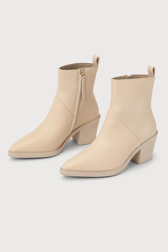 Seychelles Shining Star Cream Leather Pointed-toe Ankle High Heel Boots In Beige