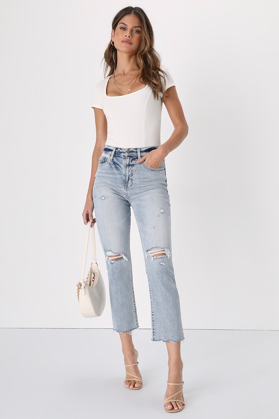 Straight Up Light Blue High Rise Distressed Denim Jeans