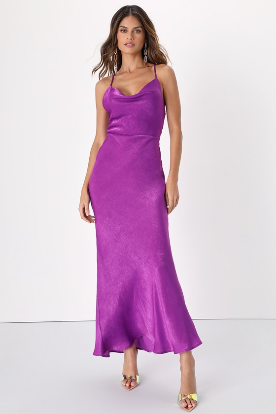 Lulus Exquisite Evening Purple Satin Cowl Neck Maxi Dress