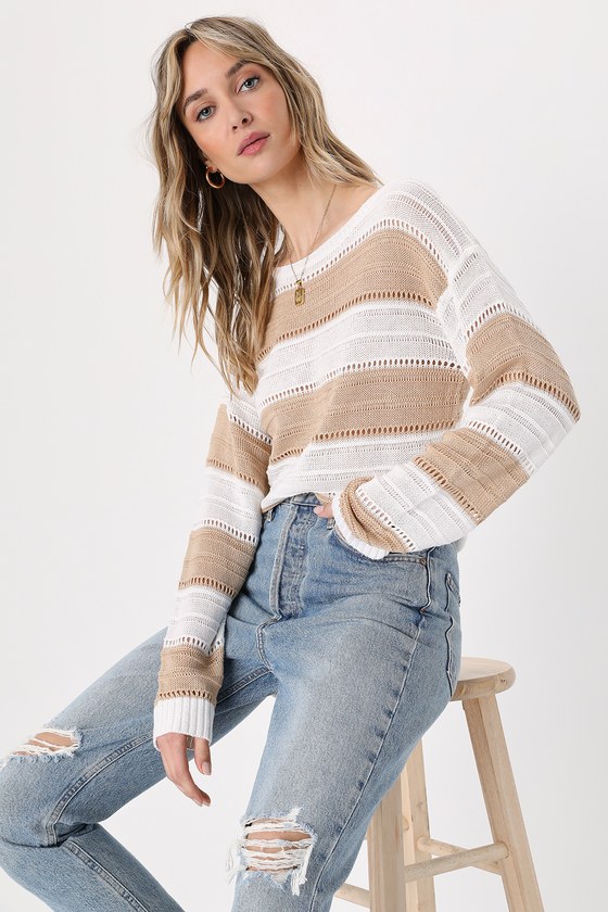 Ivory and Beige Sweater - Striped Sweater - Loose Knit Sweater - Lulus