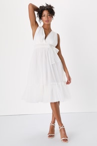 Utmost Elegance White Swiss Dot Sleeveless Tiered Midi Dress